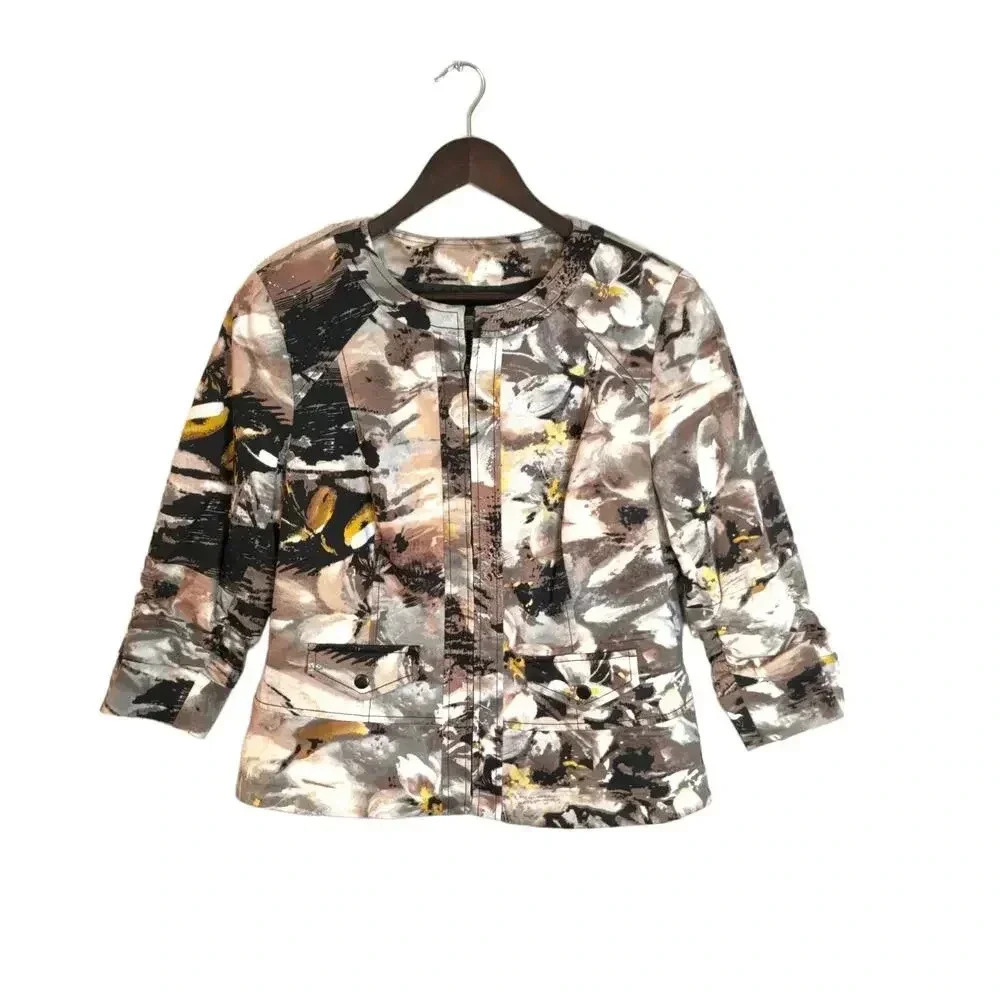 Coldwater Creek Camo‎ Floral Abstract Print Brown Black Zip Jacket Size 14